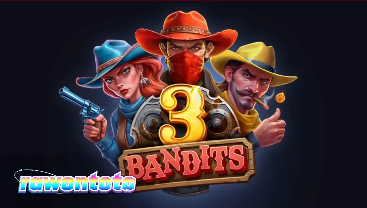 Tampilan visual slot 3 Bandits dengan latar belakang Wild West dan simbol koin yang bersinar.